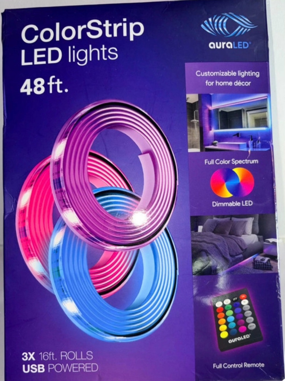 The product shown is the auraLED 48 ft. ColorStrip LED Lights